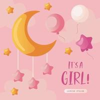 invitación de baby shower con luna boho, estrellas, globos y nubes en rosa. letras es una niña. hola bebé celebración, fiesta, evento. pancarta, volante. vector