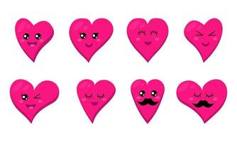 divertidos emoticonos de corazón feliz, emoji de amor. lindos personajes de dibujos animados. vector brillante conjunto de iconos de corazón