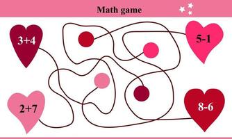 Educational page with exercises for children on addition and subtraction. Solve examples, find a path, and write your answer in circles. Hearts vector