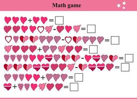 Ejemplos de sumas y restas con corazones. página educativa con ejemplos matemáticos para niños vector