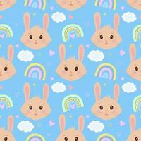 Cute seamless vector pattern with rabbits, hearts, clouds, rainbows and stars. Seamless vector printing on children's fabrics, wallpaper, textiles.