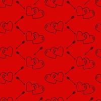 Vector pattern with hearts and arrows. Hearts and arrows on a red background. Vector seamless pattern.