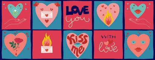 Creative concept of Happy Valentines Day cards set. Cartoon style. Templates for celebration. Vector backdrop.