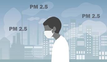 People wearing face masks tor protect P.M. 2.5 smoke, dust and air pollution in city, factory pipes and industrial smog vector illustration. Environment and air pollution concept background