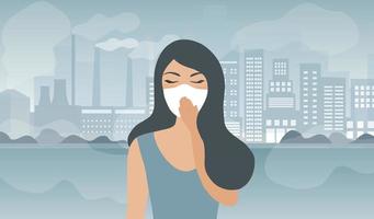 People wearing face masks tor protect P.M. 2.5 smoke, dust and air pollution in city, factory pipes and industrial smog vector illustration. Environment and air pollution concept background