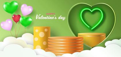 A green showroom with a yellow stand podium in heart shape window and heart shape neon light inside. decorated with green heart balloons. Valentine's day minimal scene for product display presentation vector