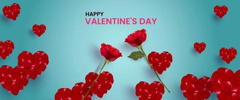 Ilustración de vector de fondo de concepto de día de San Valentín decorada con rosas y pétalos de rosa dispuestos en forma de corazón. linda pancarta de venta de amor o tarjeta de felicitación.