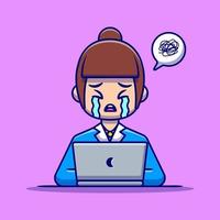 Woman Employee Crying With Laptop Cartoon Vector Icon Illustration. People Technology Icon Concept Isolated Premium Vector. Flat Cartoon Style