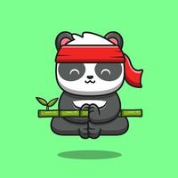 Cute Panda Kungfu Meditation Holding Bamboo Cartoon Vector Icon Illustration. Animal Nature Icon Concept Isolated Premium Vector. Flat Cartoon Style