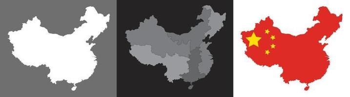 Map of China set with grey, black, flag isolated. Vector illustrator.