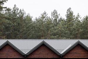 row of roofs with green metal tile of wooden houses cottage by the forest. Tew house for rent in nature. Eco style. side view photo