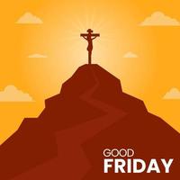 Silhouette Crucifixion of Jesus Christ on Calvary Mountain with sunset behind. Good friday background. Chistian holy week concept design. Vector art illustration.