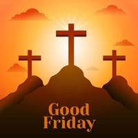 Good Friday background with three crosses on the mountain. Christian holy week concept design. Good for banner, greeting card, template, poster. Vector art illustration.