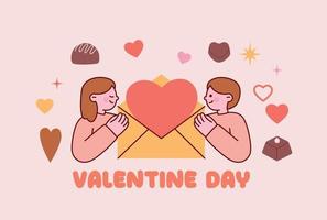 Día de San Valentín. los personajes de novia y novio se miran con una carta de amor en el medio. el chocolate está decorado por todas partes. vector