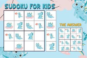 Sudoku sheet for kids. Education worksheet for children. Printable puzzle game for preschool.  Cute and funny cartoon characters. Vector illustration.