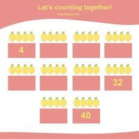 Mathematic counting worksheet. Math activity, count and write the missing numbers, math multiples. Educational printable math worksheet for children. Vector File.