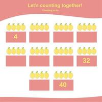 Mathematic counting worksheet. Math activity, count and write the missing numbers, math multiples. Educational printable math worksheet for children. Vector File.