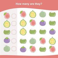 Counting worksheet. Educational printable math worksheet. Count the fruits in the picture and write the result. Vector file.