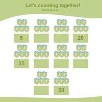 Mathematic counting worksheet. Math activity, count and write the missing numbers, math multiples. Educational printable math worksheet for children. Vector File.