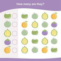 Counting worksheet. Educational printable math worksheet. Count the fruits in the picture and write the result. Vector file.