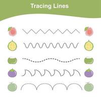 Tracing Lines Game Fruits Edition. Educational worksheet for children. Worksheet activity for preschool kids. Vector illustration.