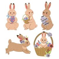 Set of cute easter bunnies isolated on white background. Vector graphics.