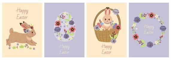 Easter card set with cute bunnies and flowers. Vector graphics.