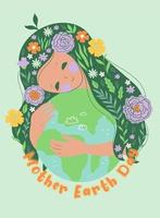 Poster or card for earth day with a girl hugging the planet. Vector graphics.