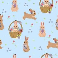 Seamless pattern with cute Easter bunnies. Vector graphics.