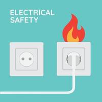 Fire wiring. Socket and plug on fire from overload. Electrical safety concept. Vector illustration flat design. Isolated on background. Short circuit electrical circuit. Broken electrical connection.