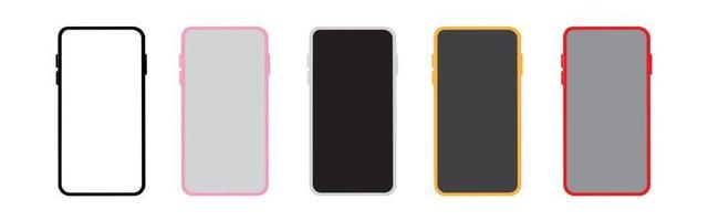 Realistic colored smartphone frames. Black, gold, red and blue mockup mobile phone. Set of color cellphones. Vector