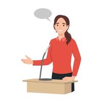 joven mujer de negocios o política hablando en el podio. ilustración vectorial plana aislada sobre fondo blanco vector