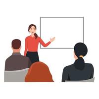 Young woman doing presentation. Group of business workers smiling happy and confident in a meeting. Flat vector illustration isolated on white background
