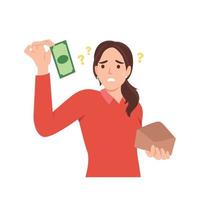 Young unhappy sad poor woman holding open empty wallet with only a dollar left. Flat vector illustration isolated on white background