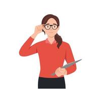 mujer joven tocando sus gafas y mirando hacia adelante. ilustración vectorial plana aislada sobre fondo blanco vector