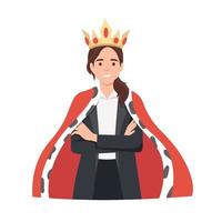 Young businesswoman in crown and robe feel successful. Flat vector illustration isolated on white background