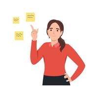 Young businesswoman point at sticky notes with numbers planning tasks. Happy woman prioritize to do list, share work schedule. Time management concept. Flat vector illustration isolated