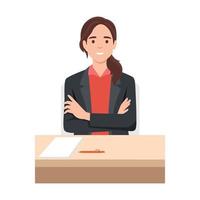 Young business woman at the desk with her arm crossed and paper pen on the desk. Flat vector illustration isolated on white background