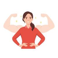 Young woman power, female self confidence, high esteem concept. Brave confident smiling woman standing showing biceps shadows facing fears like powerful hero. Flat vector illustration isolated