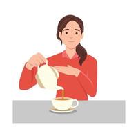 Young woman pouring tea in cup from kettle. Smiling guy enjoy warm coffee. Flat vector illustration isolated on white background