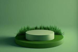 3d minimal circle podium illustration with green grass for product background. photo