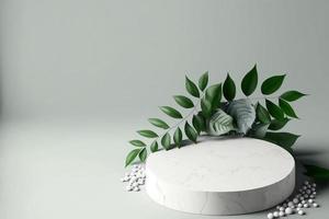 white stone blank for product display podium platforms cosmetic placement studio platform 3d background with leaves decoration. photo