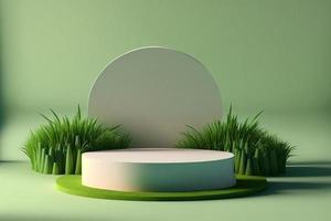 3d minimal circle podium illustration with green grass for product background. photo