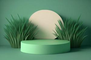 3d minimal circle podium illustration with green grass for product background. photo