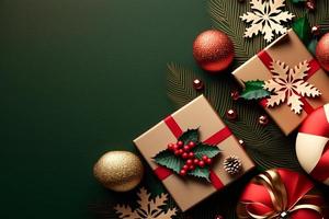 fondo de vacaciones con decoración navideña y vista superior de cajas de regalo. tarjeta de felicitación festiva. estilo plano. foto