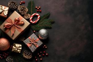 Holiday background with christmas decoration and gift boxes top view. Festive greeting card. Flat lay style. photo