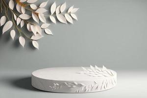 white stone blank for product display podium platforms cosmetic placement studio platform 3d background with leaves decoration. photo
