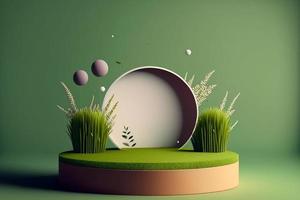 Ilustración de podio de círculo mínimo 3d con hierba verde para el fondo del producto. foto