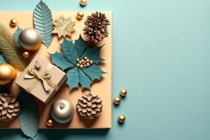 Holiday background with christmas decoration and gift boxes top view. Festive greeting card. Flat lay style. photo