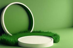 3d minimal circle podium illustration with green grass for product background. photo